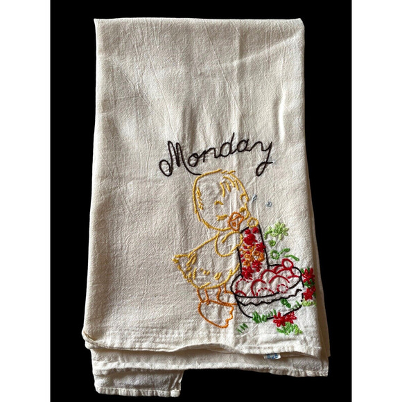 Vtg Embroidered Tea Towel Linen Duck Monday Day of the Week Laundry Day Washing - Picture 1 of 8
